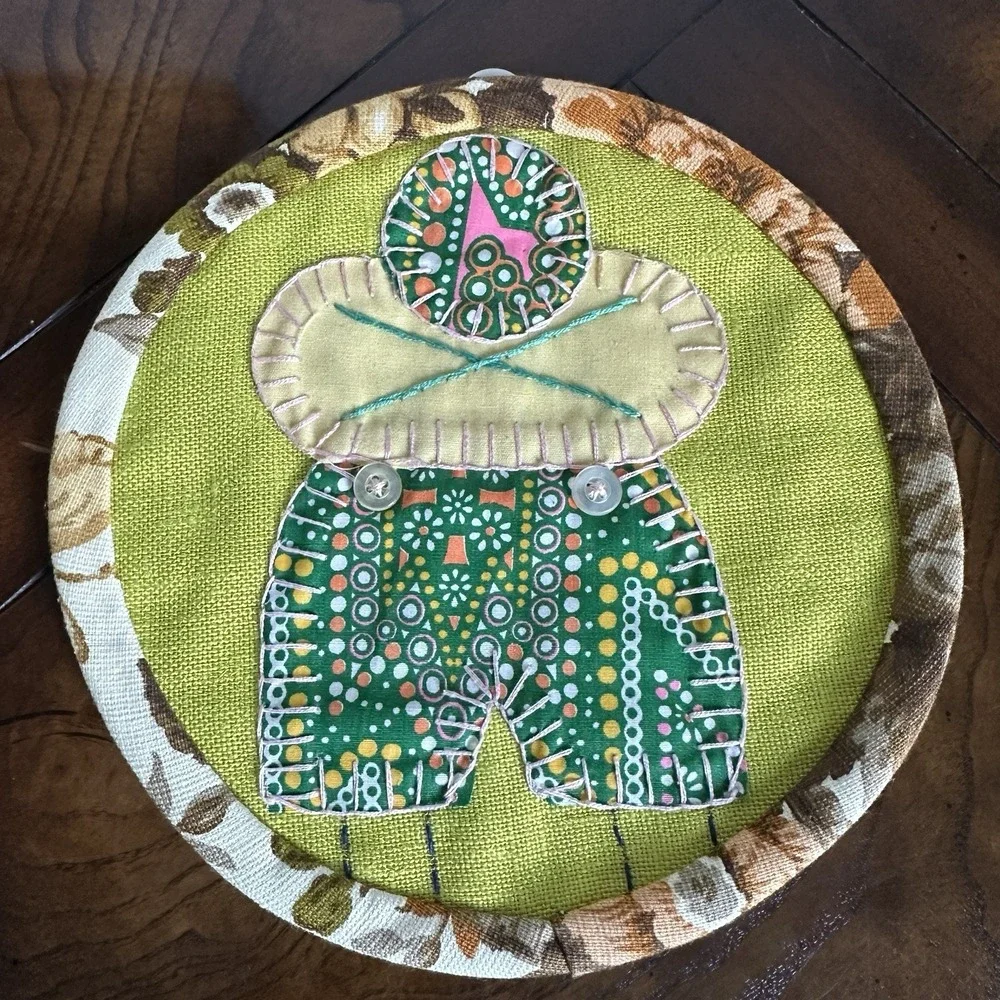 VTG‎ Appliqué Hanging Potholder's  7.5 Inch Embroidered Girl Boy Multi Folk Art